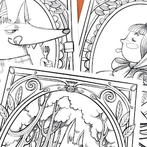 3 disegni da colorare -  Cappuccetto Rosso e il Lupo - una grande amicizia - Charles Perrault - subito scaricabili in PDF