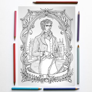 Coloring page PDF-  Jane Austen, Pride and prejudice - Mr Darcy and Pemberley in foreground- Instant download - Art Printable illustration