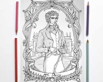 Coloring page PDF-  Jane Austen, Pride and prejudice - Mr Darcy and Pemberley in foreground- Instant download - Art Printable illustration