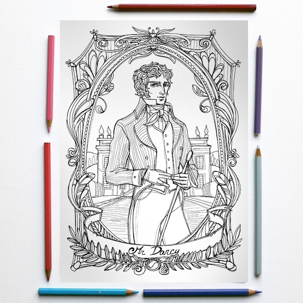 Coloring page PDF-  Jane Austen, Pride and prejudice - Mr Darcy and Pemberley in foreground- Instant download - Art Printable illustration