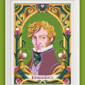 May include: A cross-stitch portrait of a man with blond hair, wearing a purple jacket and a green tie. The portrait is framed in a gold and green art nouveau style frame with floral accents. The name "Knightley" is written in a banner below the portrait.