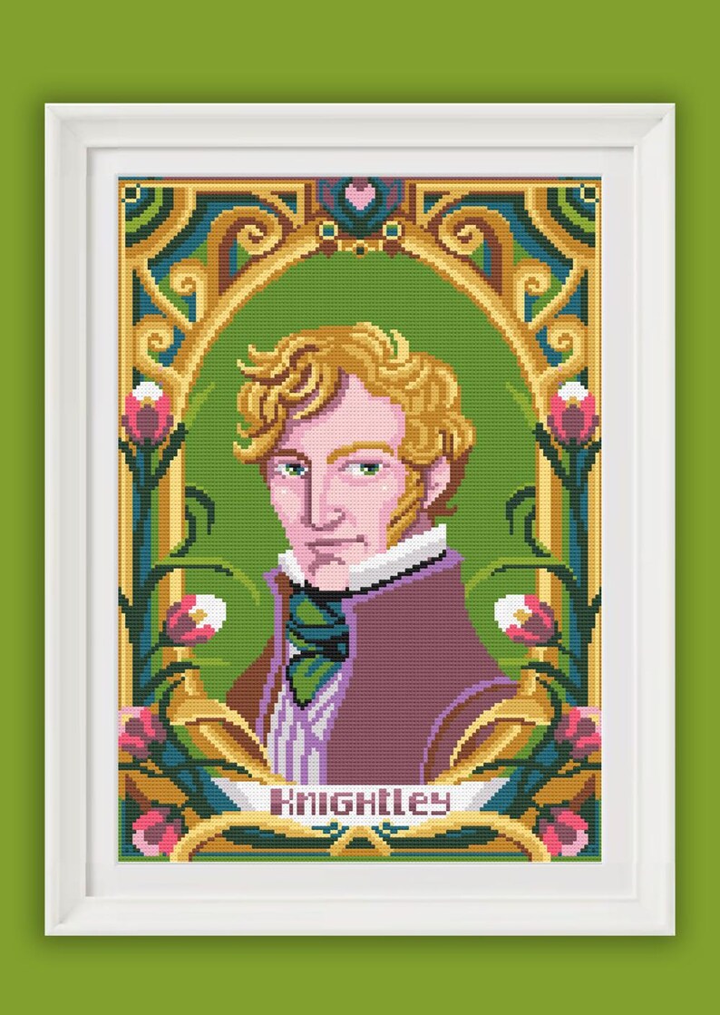 May include: A cross-stitch portrait of a man with blond hair, wearing a purple jacket and a green tie. The portrait is framed in a gold and green art nouveau style frame with floral accents. The name "Knightley" is written in a banner below the portrait.