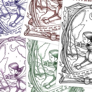 May include: Four different versions of a black and white line drawing of a woman sitting in a forest with a quote that reads "I am no bird and no net ensnares me, I am a free human being with an infinite sky."