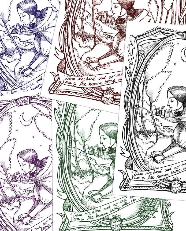 May include: Four different versions of a black and white line drawing of a woman sitting in a forest with a quote that reads "I am no bird and no net ensnares me, I am a free human being with an infinite sky."