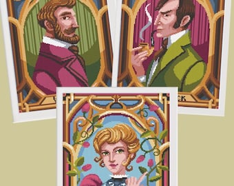 3 cross stitch patterns - Sherlock Holmes Watson and Irene Adler- Arthur Conan Doyle - diamond painting, macramè, pixel art, DMC PDF