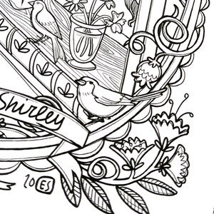 May include: Black and white line art illustration of a floral design with two birds, a vase of flowers, and the text "Shirley" on a ribbon. The illustration is in a vintage style and includes a small copyright symbol with the year 2018.