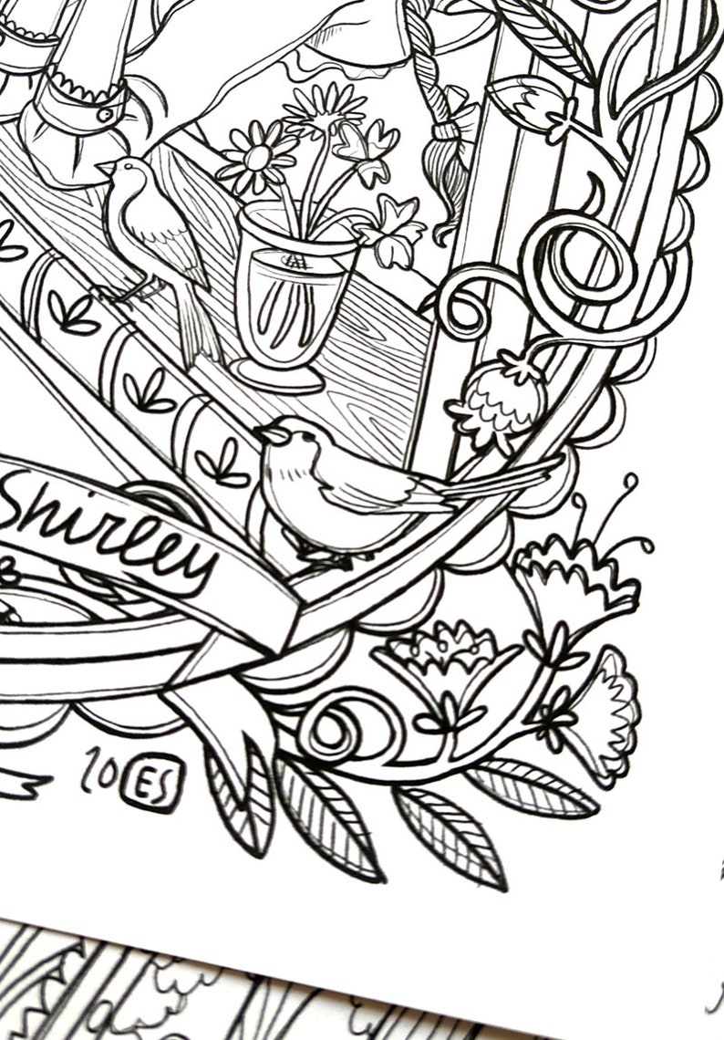 May include: Black and white line art illustration of a floral design with two birds, a vase of flowers, and the text "Shirley" on a ribbon. The illustration is in a vintage style and includes a small copyright symbol with the year 2018.