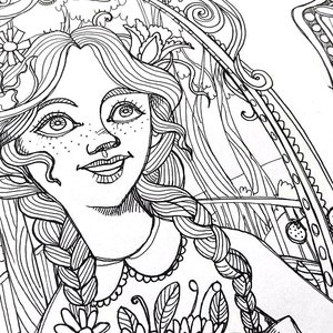 May include: A black and white line drawing of a girl with long braids, wearing a collared dress with floral embellishments. She is surrounded by intricate floral designs and a large ornate frame.