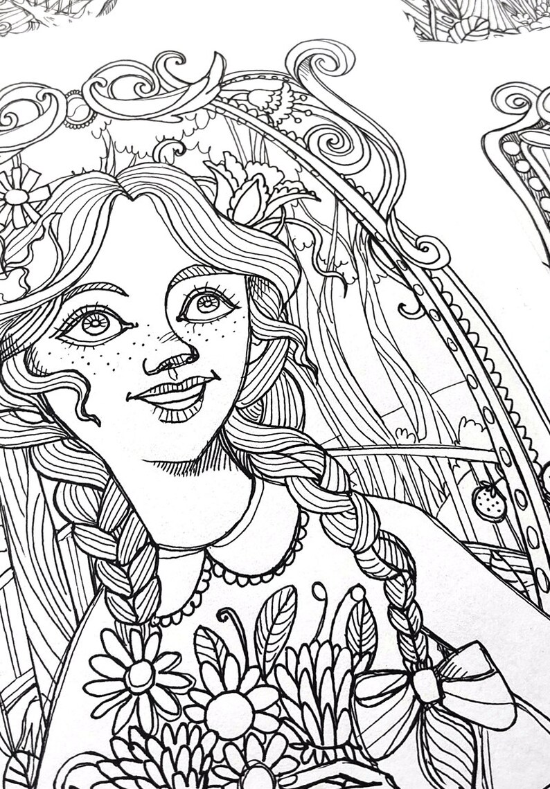 May include: A black and white line drawing of a girl with long braids, wearing a collared dress with floral embellishments. She is surrounded by intricate floral designs and a large ornate frame.