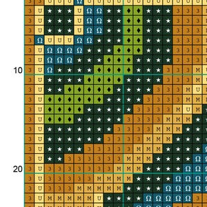 May include: A black and white grid with symbols and numbers. The grid is divided into 10 rows and 10 columns. The symbols include stars, diamonds, crescent moons, the Greek letter omega, and the letter U. The numbers 3, 10, and 20 are visible on the grid.