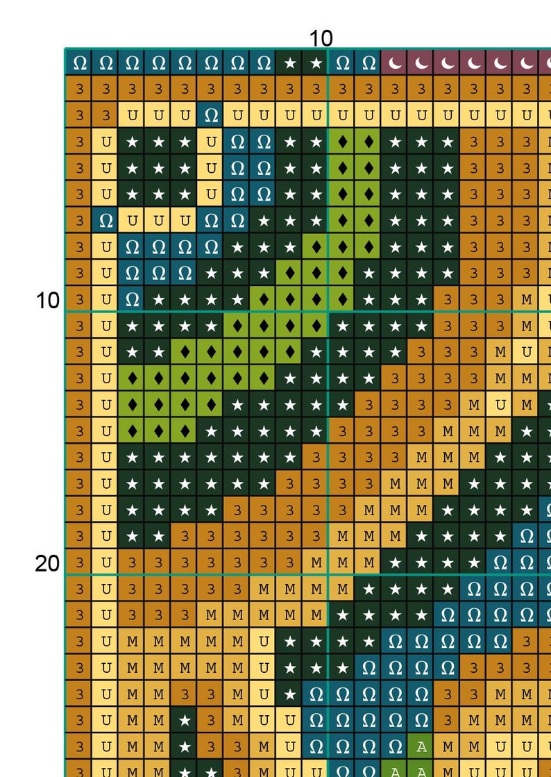May include: A black and white grid with symbols and numbers. The grid is divided into 10 rows and 10 columns. The symbols include stars, diamonds, crescent moons, the Greek letter omega, and the letter U. The numbers 3, 10, and 20 are visible on the grid.