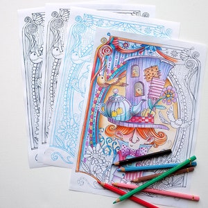 May include: A coloring book page with a whimsical illustration of a person wearing a teapot hat and surrounded by birds, flowers, and other details. The page is printed on white paper and is ready to be colored with colored pencils. The image also includes a set of colored pencils.