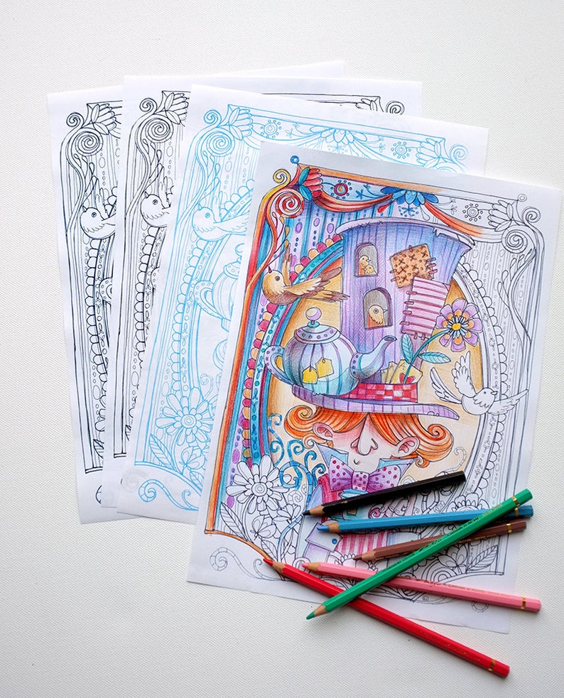 May include: A coloring book page with a whimsical illustration of a person wearing a teapot hat and surrounded by birds, flowers, and other details. The page is printed on white paper and is ready to be colored with colored pencils. The image also includes a set of colored pencils.