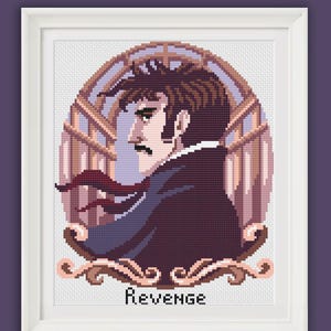 May include: A cross-stitch pattern featuring a man in a purple suit with a red scarf, set against a background of a circular window with a gold frame. The text "REVENGE" is printed below the image.