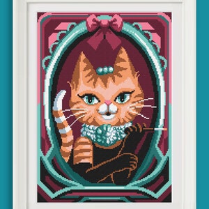 May include: A digital illustration of a cat wearing a jeweled necklace and a bow, looking at the viewer with a sly smile. The cat is framed in a decorative oval with a pink and teal background.