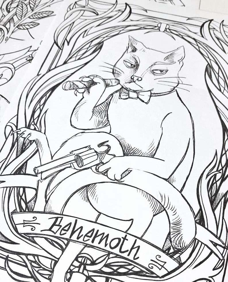 6 CATS coloring bundle PDF - Pluto, Macavity, The Cheshire cat, The Cat, Pangur Ban, Behemoth - 6 illustrations ready to download image 4
