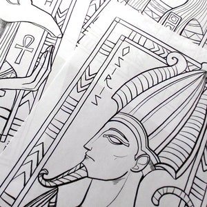 May include: Black and white line drawing of an Egyptian pharaoh wearing a tall headdress with a stylized design. The pharaoh's face is in profile, and the headdress is decorated with intricate patterns.