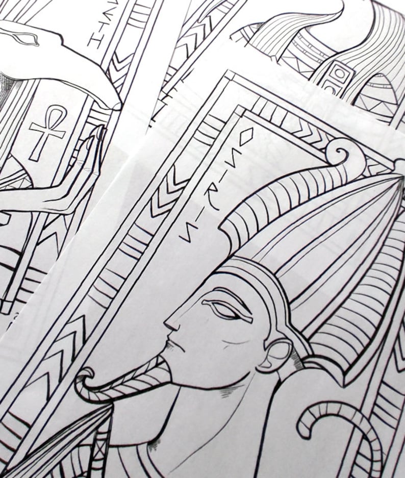 May include: Black and white line drawing of an Egyptian pharaoh wearing a tall headdress with a stylized design. The pharaoh's face is in profile, and the headdress is decorated with intricate patterns.