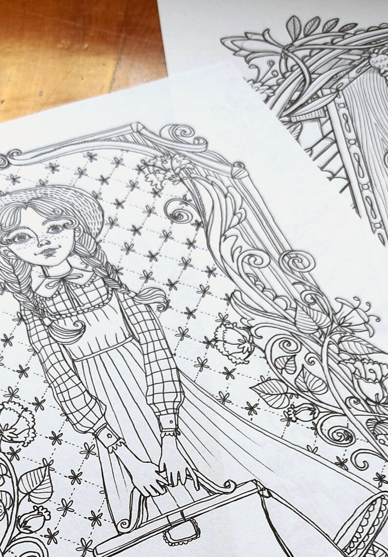 May include: A black and white line drawing of a girl wearing a dress and a hat, holding a suitcase. The girl is standing in front of a patterned background with flowers and swirls.