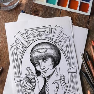 May include: Black and white line art illustration of a woman with short bobbed hair wearing a pearl necklace and holding a gun. The woman is framed in an art deco style border.