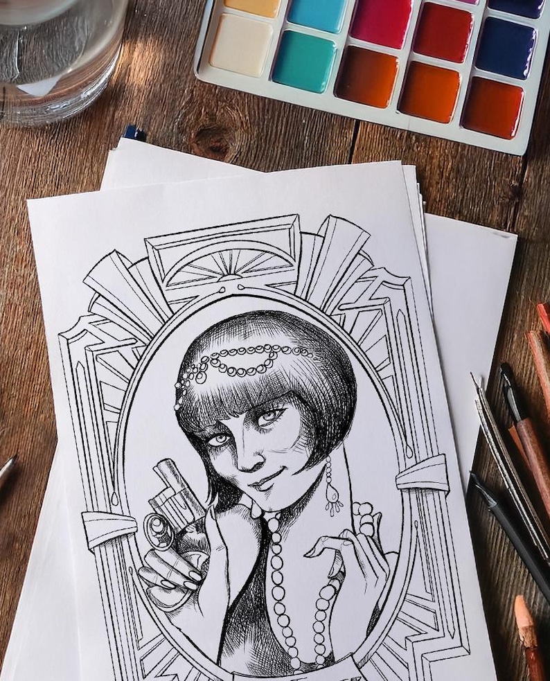 May include: Black and white line art illustration of a woman with short bobbed hair wearing a pearl necklace and holding a gun. The woman is framed in an art deco style border.