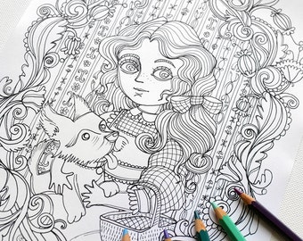 Coloring page JPG -The wonderful wizard of Oz- Dorothy and Toto portrait-  L. Frank Baum - Instant download - Art Printable illustration