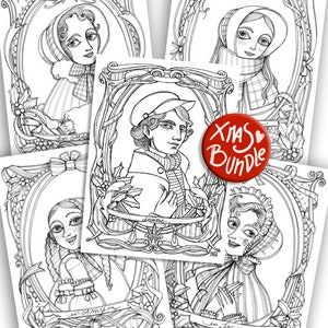 Può includere: Un set di quattro pagine da colorare in bianco e nero con illustrazioni di persone in abiti vintage. Le illustrazioni sono incorniciate con bordi decorativi e includono agrifoglio e bacche. Il testo "Xmas Bundle" è su un pulsante rosso.