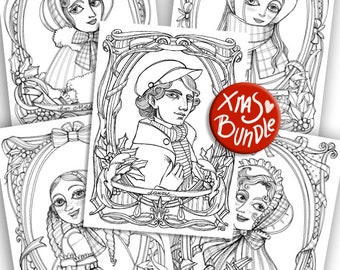 Little women X-mas coloring book PDF 5 pages-  &quot;Little Women&quot; Meg, Jo, Beth and Amy  - Louisa May Alcott - Instant download A4 Printable