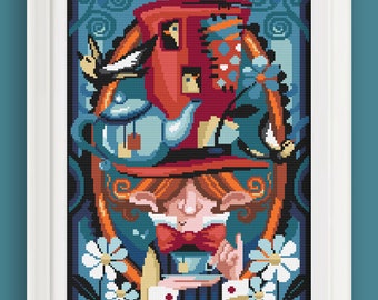 COUNTED STITCH pattern -Alice in wonderland - Lewis Carroll - The mad hatter -PDF Instant download