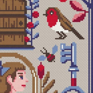 May include: Cross-stitch pattern with a robin, key, and a woman's portrait. The design incorporates floral elements and a wooden door, all in a pixelated style with a neutral background.