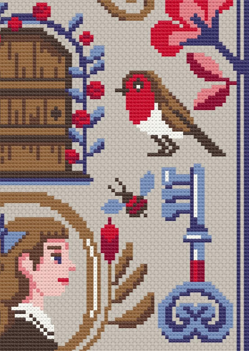 May include: Cross-stitch pattern with a robin, key, and a woman's portrait. The design incorporates floral elements and a wooden door, all in a pixelated style with a neutral background.