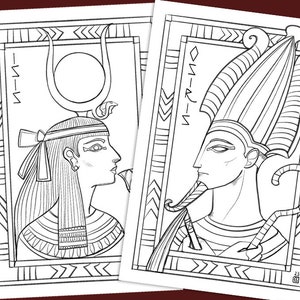 May include: Black and white line art coloring page featuring illustrations of the Egyptian gods Isis and Osiris. The image includes the text "Isis" and "Osiris" written vertically.