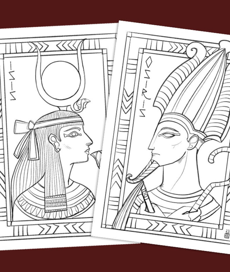 May include: Black and white line art coloring page featuring illustrations of the Egyptian gods Isis and Osiris. The image includes the text "Isis" and "Osiris" written vertically.