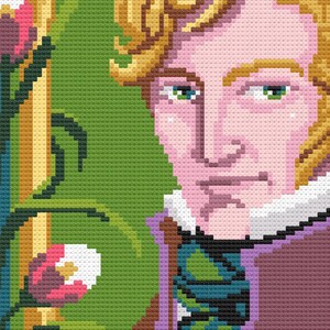 May include: A portrait of a man with blond hair, wearing a purple jacket with a teal green scarf. The background is a green and gold floral pattern.