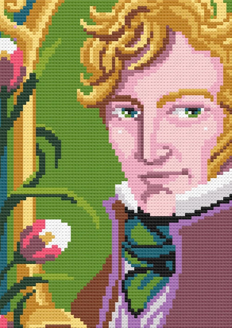 May include: A portrait of a man with blond hair, wearing a purple jacket with a teal green scarf. The background is a green and gold floral pattern.
