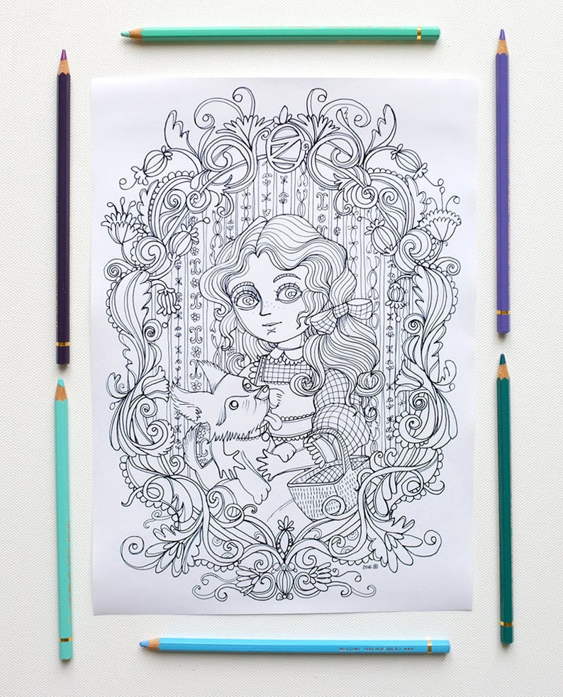 May include: A black and white line drawing of a girl with long hair holding a dog. The girl is wearing a dress and a bow. The drawing is surrounded by intricate floral designs.