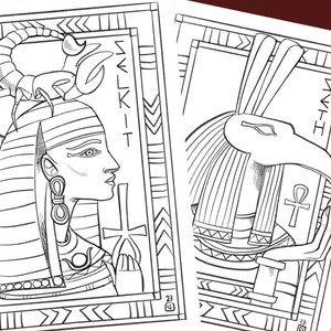 May include: Two black and white coloring pages featuring Egyptian deities. The first page depicts the goddess Sekhmet with a scorpion on her head and an ankh symbol. The second page depicts the god Thoth with an ibis head and an ankh symbol.