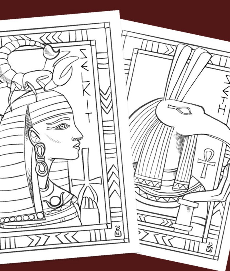May include: Two black and white coloring pages featuring Egyptian deities. The first page depicts the goddess Sekhmet with a scorpion on her head and an ankh symbol. The second page depicts the god Thoth with an ibis head and an ankh symbol.