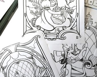May include: Black and white illustrations of Alice in Wonderland characters. The images feature detailed line art of Alice, the White Rabbit, and other characters in various scenes. The drawings are suitable for coloring.