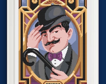 Kreuzstichmuster – Hercule-Poirot-Porträt – Agatha Christie – zum Download verfügbar – Pattern Keeper – Farben und Symbole schwarz-weiß (PDF)