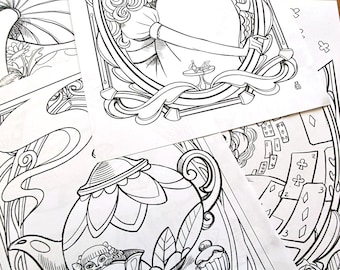 May include: Black and white line art coloring pages featuring a teapot with a girl inside, a girl in a frame, and a playing card design.