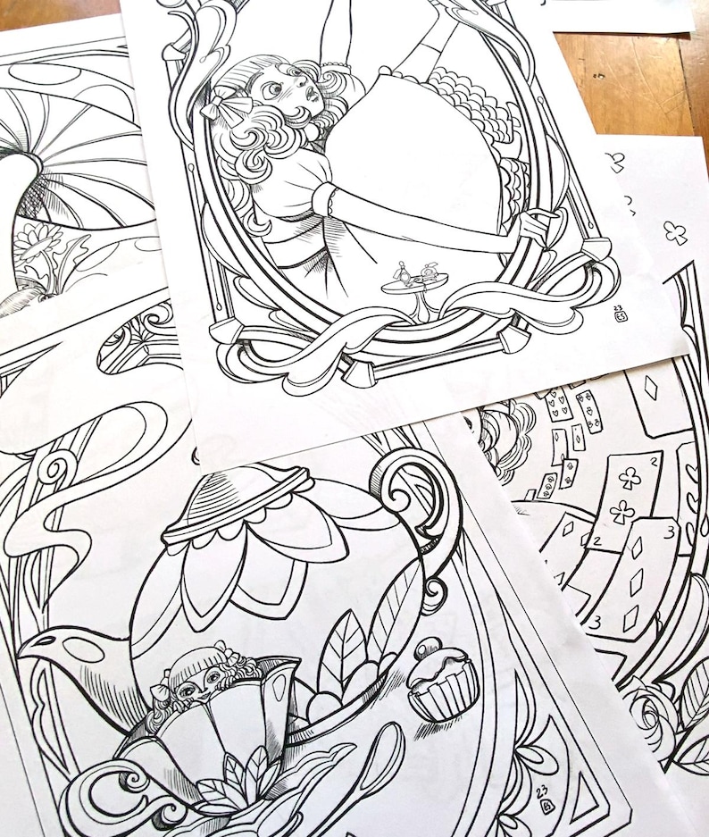 May include: Black and white line art coloring pages featuring a teapot with a girl inside, a girl in a frame, and a playing card design.