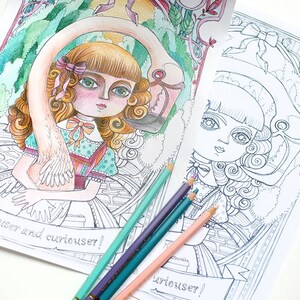 May include: A coloring book page featuring a girl with long blonde hair and a pink flamingo. The girl is wearing a green and white dress with a pink bow. The text "curiouser and curiouser!" is written on the page. The page is partially colored with colored pencils.