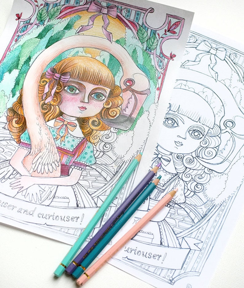 May include: A coloring book page featuring a girl with long blonde hair and a pink flamingo. The girl is wearing a green and white dress with a pink bow. The text "curiouser and curiouser!" is written on the page. The page is partially colored with colored pencils.