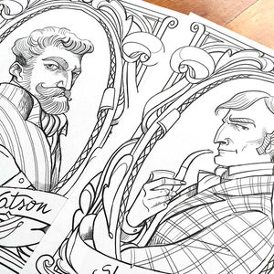 May include: Black and white line art illustration of Sherlock Holmes and Dr. Watson. The illustration is in a vintage style with ornate frames and banners. The text "Sherlock Holmes" and "Watson" are included in the image.