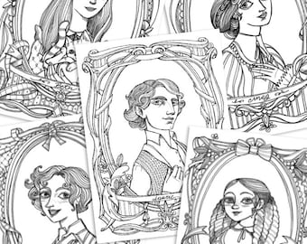 Little Women coloring book - Meg, Jo, Beth, Emy and Laurie portraits - 5 Coloring pages PDF  - nstant download A4 Printable
