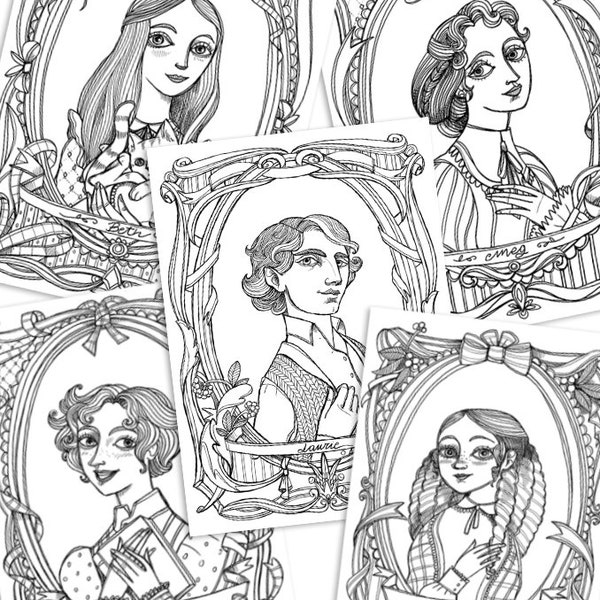 Little Women coloring book - Meg, Jo, Beth, Emy and Laurie portraits - 5 Coloring pages PDF  - nstant download A4 Printable