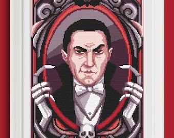 May include: Framed cross-stitch artwork featuring a man in a tuxedo and bow tie, set within a decorative red and black border. The design includes a skull and bat motif.