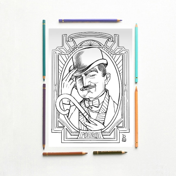 Coloring page PDF - Agatha Christie - Hercule Poirot portrait Coloring page - Instant download - Art Printable illustration PDF