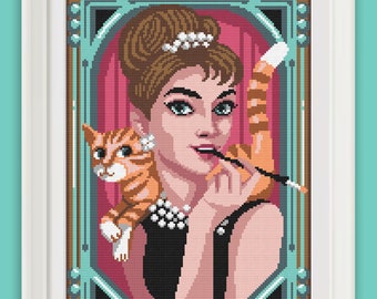 Cross stitch pattern - Audrey Hepburn and Cat - Breakfast at Tiffany's - diamond painting, macramè, pixel art, DMC, PDF